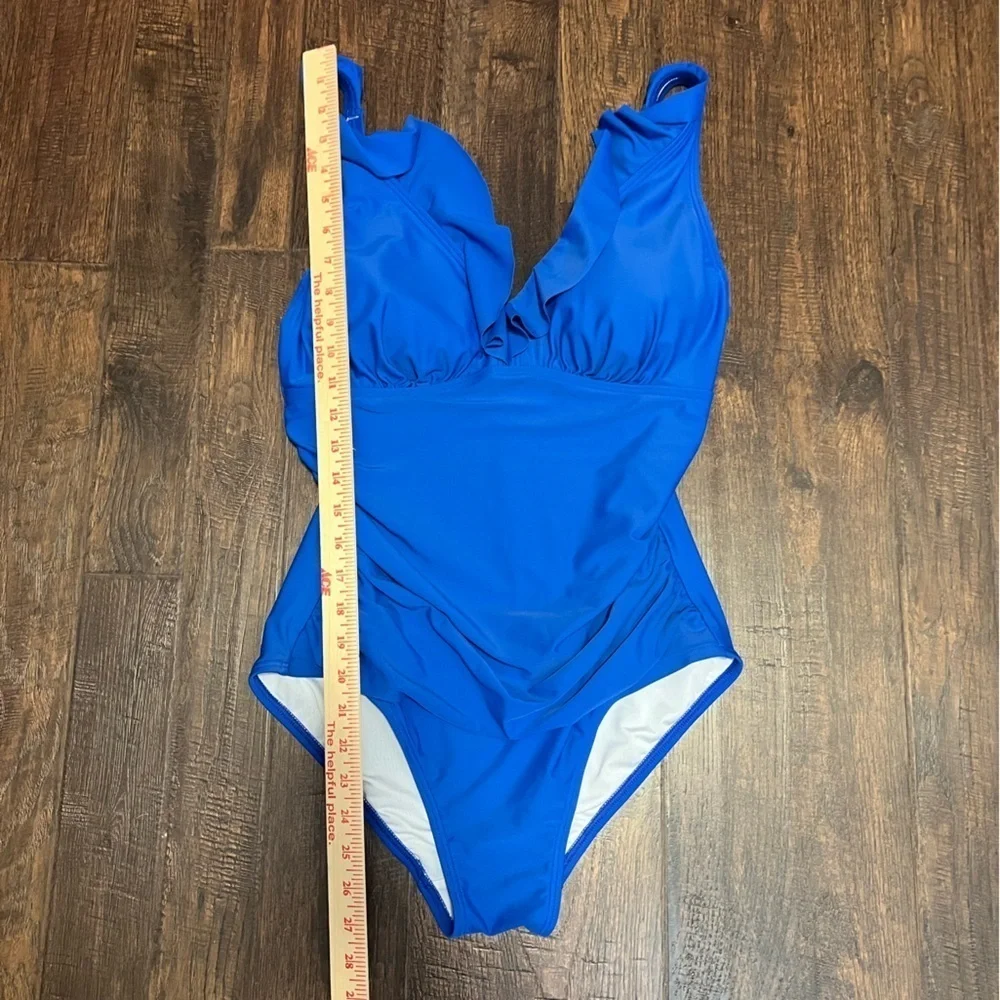 DKNY Ruffle Plunge One-Piece Swimsuit Size Women’s 12 Color Lapis Pacific Blue - Picture 10 of 10